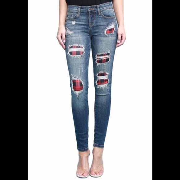 Judy Blue Denim - Judy Blue Buffalo Plaid Patch Distressed Jeans